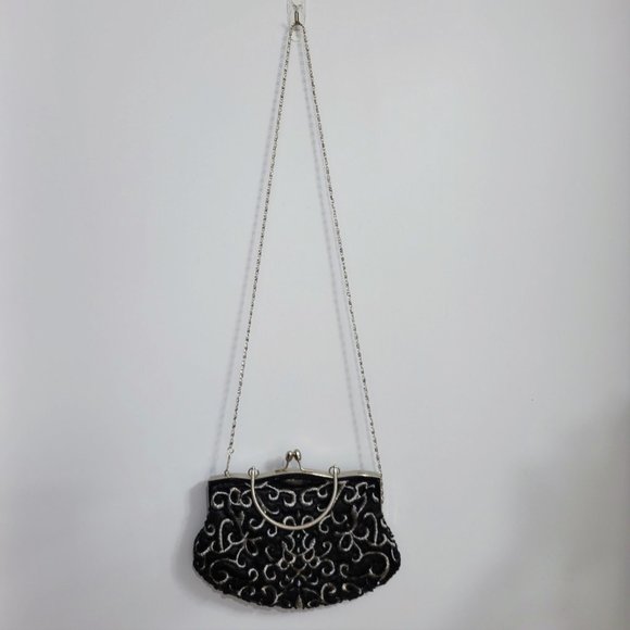Black Beaded with Shimmery Pastel Ikat Pattern Satin Formal Evening Purse - Picture 4 of 7